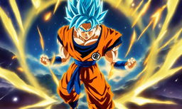 Juice WRLD portrayed as a Super Saiyan in Dragonball Super style, complete with glowing blue hair and energy aura, wearing Saiyan armor over his usual attire against an energetic vortex background