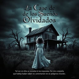 A realistic poster featuring a creepy old house situated in a dark, ominous landscape