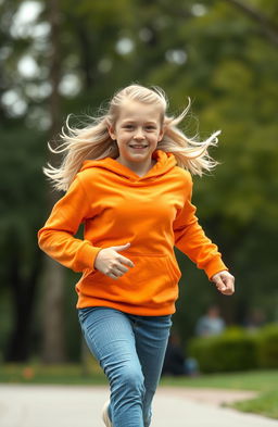A hyper-realistic image of a blonde teenage girl wearing an orange hoodie, caught in mid-run