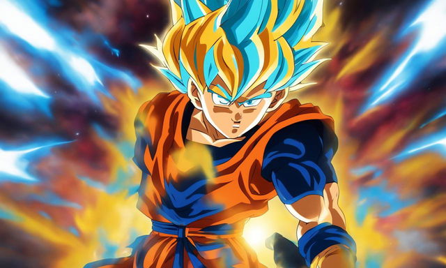 Juice WRLD portrayed as a Super Saiyan in Dragonball Super style, complete with glowing blue hair and energy aura, wearing Saiyan armor over his usual attire against an energetic vortex background