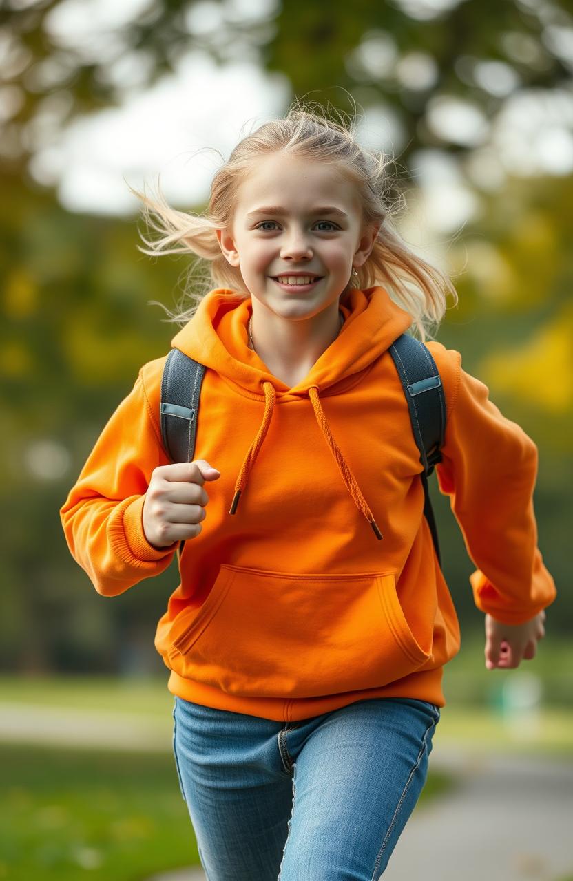 A hyper-realistic image of a blonde teenage girl wearing an orange hoodie, caught in mid-run