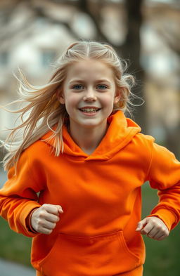 A hyper-realistic image of a blonde teenage girl wearing an orange hoodie, caught in mid-run