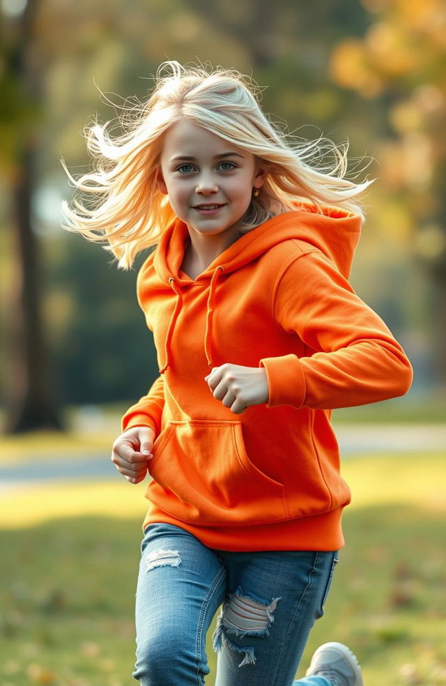 A hyper-realistic image of a blonde teenage girl wearing an orange hoodie, caught in mid-run