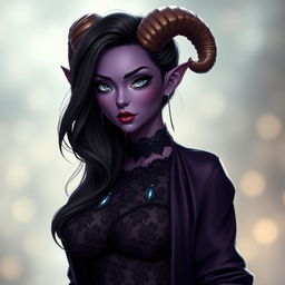 A purplish skinned female character in her early 20s, with long black hair styled elegantly