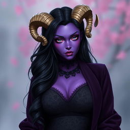 A purplish skinned female character in her early 20s, with long black hair styled elegantly