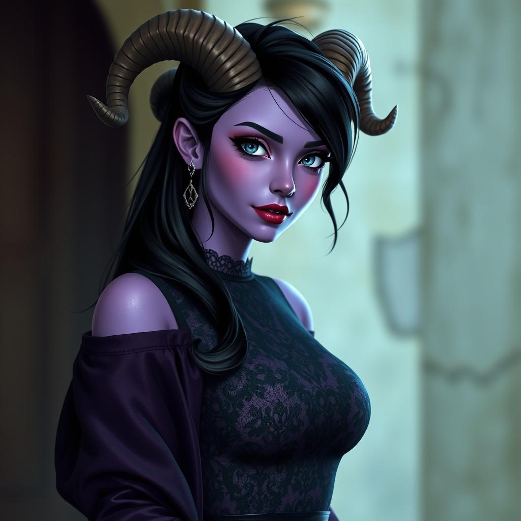 A purplish skinned female character in her early 20s, with long black hair styled elegantly