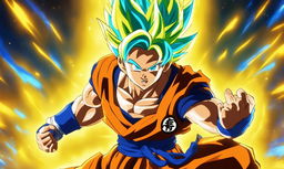 Juice WRLD portrayed as a Super Saiyan in Dragonball Super style, complete with glowing blue hair and energy aura, wearing Saiyan armor over his usual attire against an energetic vortex background