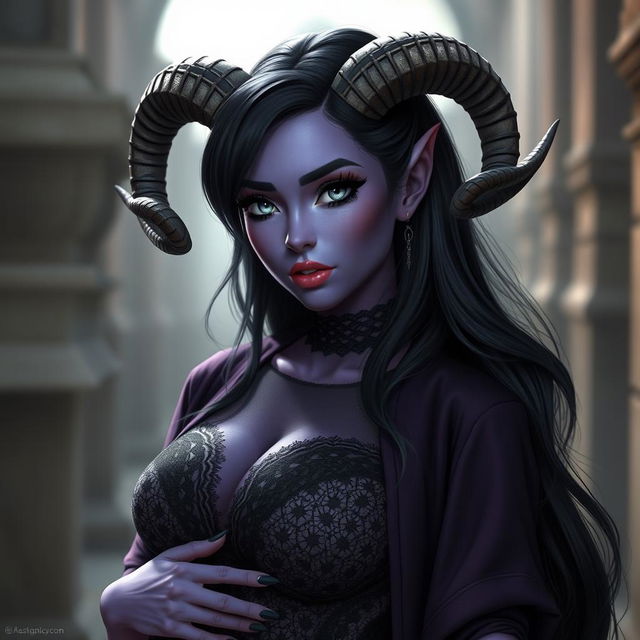 A purplish skinned female character in her early 20s, with long black hair styled elegantly