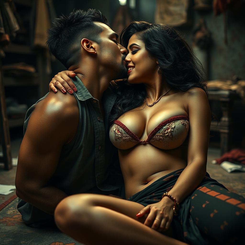 A sensual depiction of a woman inspired by an Indian actress, situated in an evocative slum environment, engaging intimately with a man on the floor