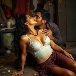 A sensual depiction of a woman inspired by an Indian actress, situated in an evocative slum environment, engaging intimately with a man on the floor