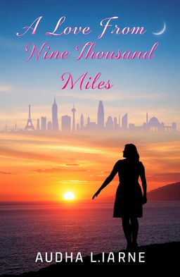 A romantic book cover for a novel titled 'A Love From Nine Thousand Miles'