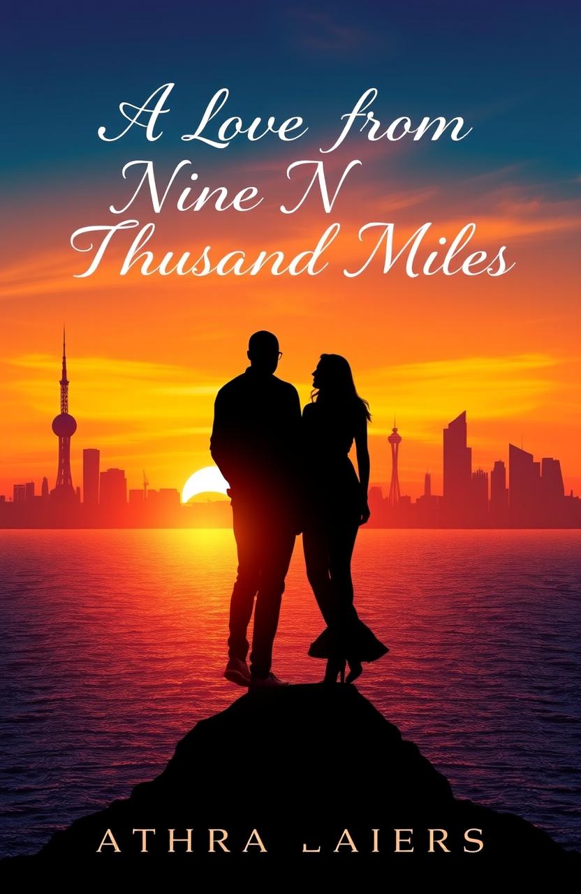 A romantic book cover for a novel titled 'A Love From Nine Thousand Miles'