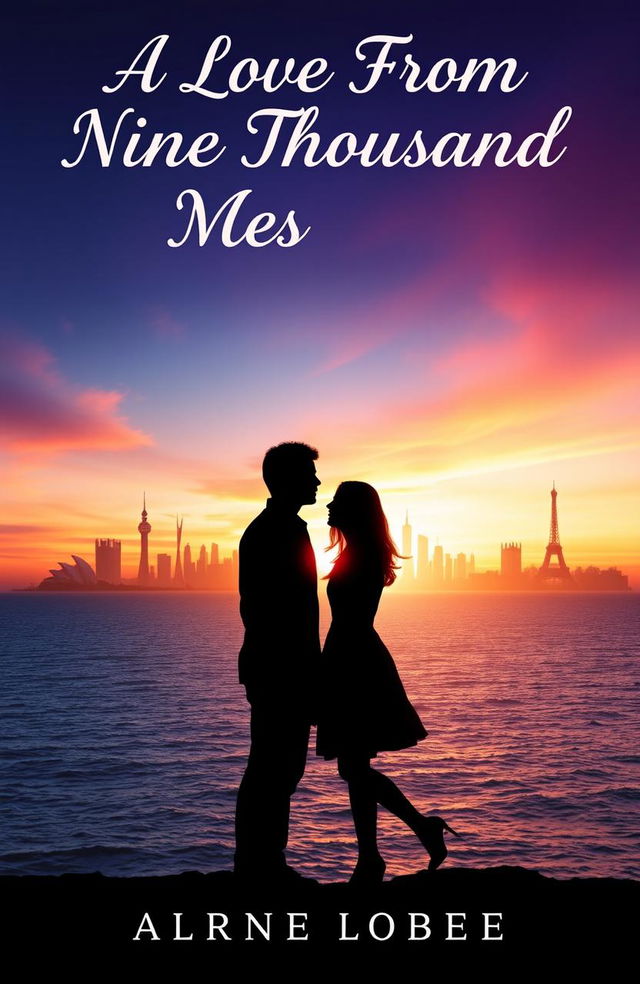 A romantic book cover for a novel titled 'A Love From Nine Thousand Miles'