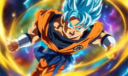 Juice WRLD as a Super Saiyan in Dragonball Super style, with glowing blue hair and energy aura, wearing Saiyan armor over his usual attire against an energetic vortex background