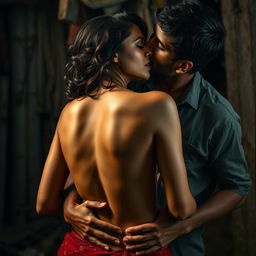 A sensual representation of an Indian woman inspired by Nushrat Bharucha, confidently embodying a sultry character in an evocative slum setting