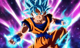 Juice WRLD as a Super Saiyan in Dragonball Super style, with glowing blue hair and energy aura, wearing Saiyan armor over his usual attire against an energetic vortex background