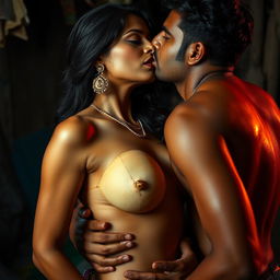 A sensual representation of an Indian woman inspired by Nushrat Bharucha, confidently embodying a sultry character in an evocative slum setting