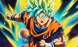 Juice WRLD as a Super Saiyan in Dragonball Super style, with glowing blue hair and energy aura, wearing Saiyan armor over his usual attire against an energetic vortex background