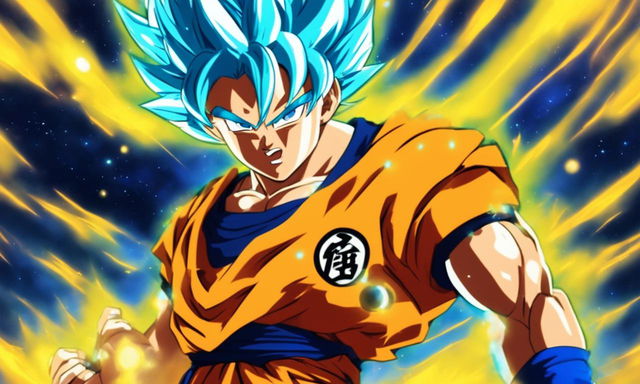 Juice WRLD as a Super Saiyan in Dragonball Super style, with glowing blue hair and energy aura, wearing Saiyan armor over his usual attire against an energetic vortex background