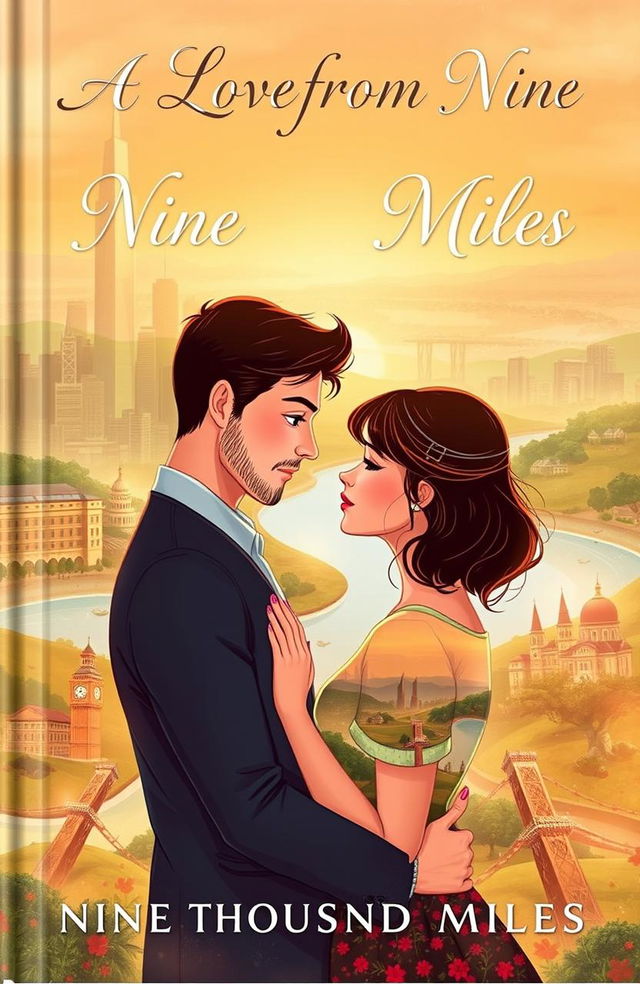 A romantic book cover titled 'A LOVE FROM NINE THOUSAND MILES'