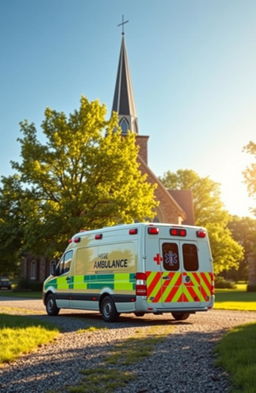 A photorealistic scene depicting an ambulance parked outside a church, set in a serene countryside