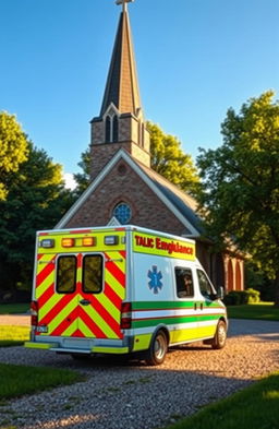 A photorealistic scene depicting an ambulance parked outside a church, set in a serene countryside