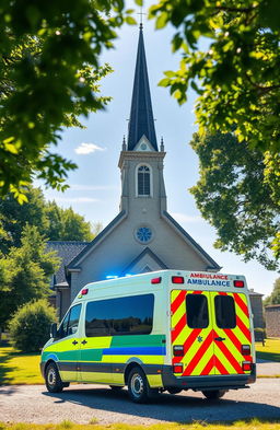 A photorealistic scene depicting an ambulance parked outside a church, set in a serene countryside