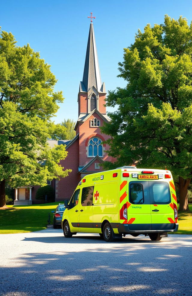 A photorealistic scene depicting an ambulance parked outside a church, set in a serene countryside