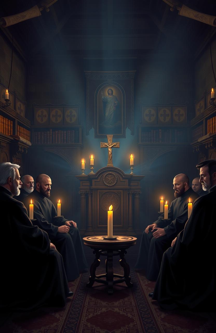 A photorealistic illustration of a secret fraternity ritual taking place in a dimly lit, atmospheric room