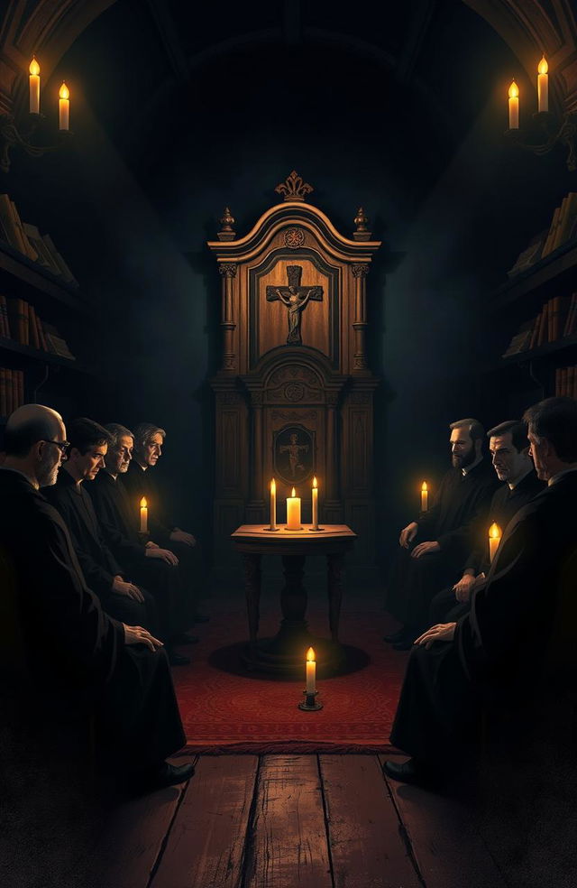 A photorealistic illustration of a secret fraternity ritual taking place in a dimly lit, atmospheric room