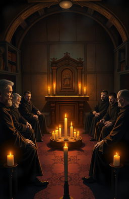 A photorealistic illustration of a secret fraternity ritual taking place in a dimly lit, atmospheric room