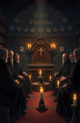 A photorealistic illustration of a secret fraternity ritual taking place in a dimly lit, atmospheric room