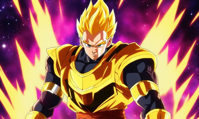 Drake as a Super Saiyan in Dragonball Super style, with glowing golden hair and energy aura, wearing Saiyan armor over his usual attire against a cosmic background