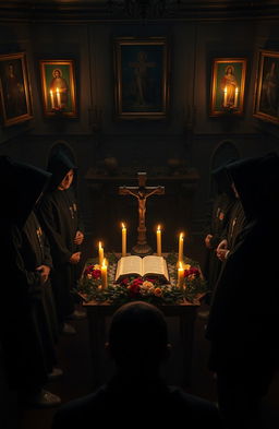 A photo-realistic scene depicting a college fraternity secret ritual, set in a dimly lit room adorned with Christian symbols