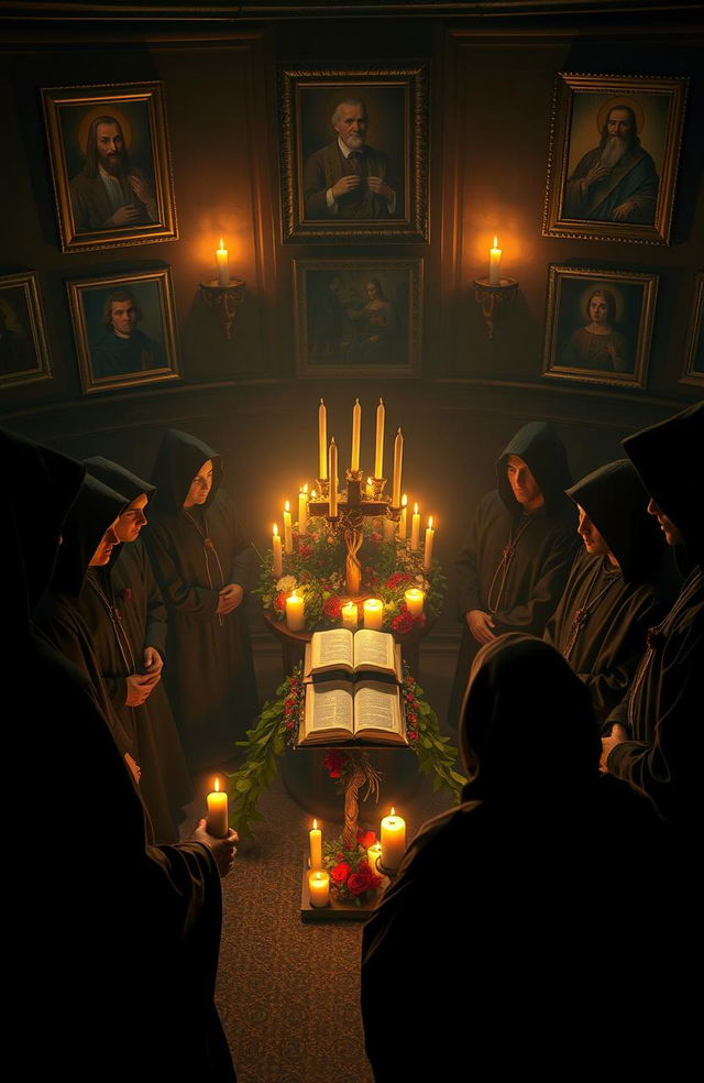 A photo-realistic scene depicting a college fraternity secret ritual, set in a dimly lit room adorned with Christian symbols