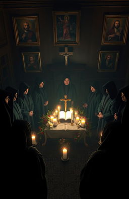 A photo-realistic scene depicting a college fraternity secret ritual, set in a dimly lit room adorned with Christian symbols