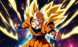 Drake as a Super Saiyan in Dragonball Super style, with glowing golden hair and energy aura, wearing Saiyan armor over his usual attire against a cosmic background