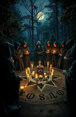 A photo-realistic scene depicting a college fraternity engaged in a secret pagan ritual, set against a moonlit forest backdrop