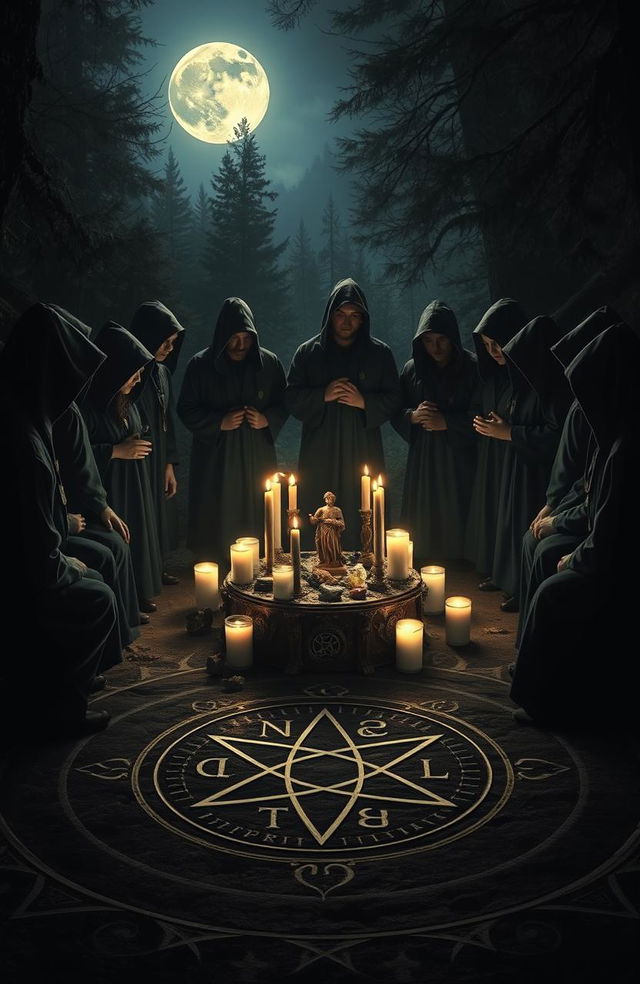 A photo-realistic scene depicting a college fraternity engaged in a secret pagan ritual, set against a moonlit forest backdrop