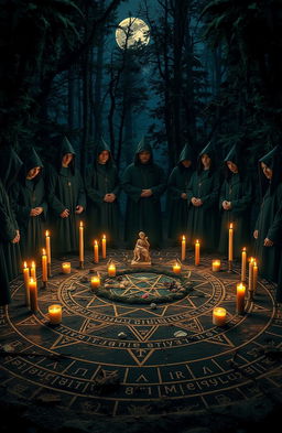 A photo-realistic scene depicting a college fraternity engaged in a secret pagan ritual, set against a moonlit forest backdrop