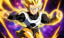 Drake as a Super Saiyan in Dragonball Super style, with glowing golden hair and energy aura, wearing Saiyan armor over his usual attire against a cosmic background