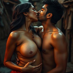 A sensual depiction of a woman inspired by Nushrat Bharucha, presented as an Indian woman in a slum environment