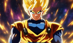 Drake as a Super Saiyan in Dragonball Super style, with glowing golden hair and energy aura, wearing Saiyan armor over his usual attire against a cosmic background