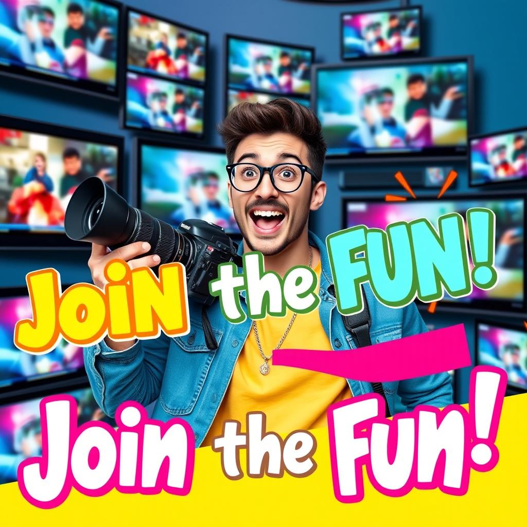 A vibrant and eye-catching YouTube thumbnail featuring a charismatic content creator in a playful pose, holding a camera with a colorful background of digital screens displaying video clips