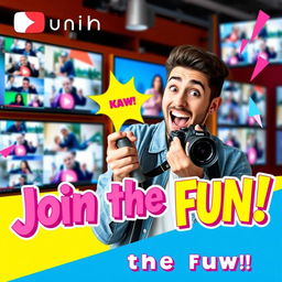 A vibrant and eye-catching YouTube thumbnail featuring a charismatic content creator in a playful pose, holding a camera with a colorful background of digital screens displaying video clips