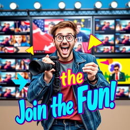 A vibrant and eye-catching YouTube thumbnail featuring a charismatic content creator in a playful pose, holding a camera with a colorful background of digital screens displaying video clips
