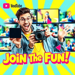 A vibrant and eye-catching YouTube thumbnail featuring a charismatic content creator in a playful pose, holding a camera with a colorful background of digital screens displaying video clips