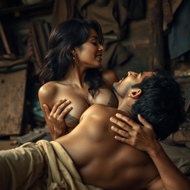 A sensual portrayal of a woman resembling Nushrat Bharucha, depicted as an Indian woman in a slum setting