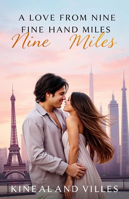 A romantic book cover for a novel titled 'A LOVE FROM NINE THOUSAND MILES'