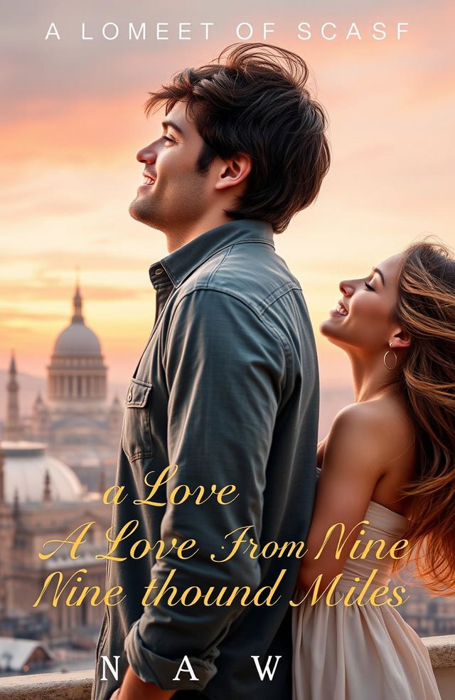 A romantic book cover for a novel titled 'A LOVE FROM NINE THOUSAND MILES'